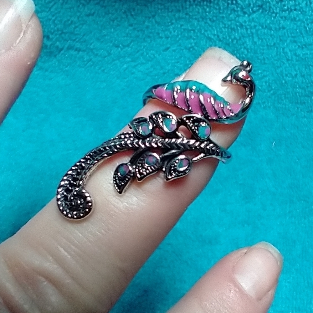 Peacock adjustable colorful multicolor large ring blue pink